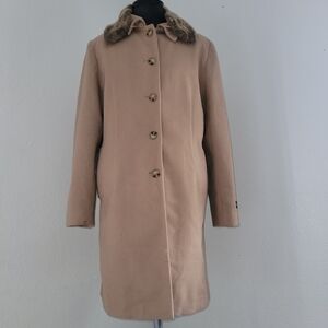 Charles Klein Tan 100% Wool Women's Coat Size 16 With Faux Collar Removable Fur